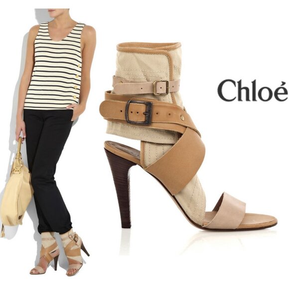 CHLOE SHOES SANDALS CANVAS LEATHER CUTOUT sz 41 / 10.5